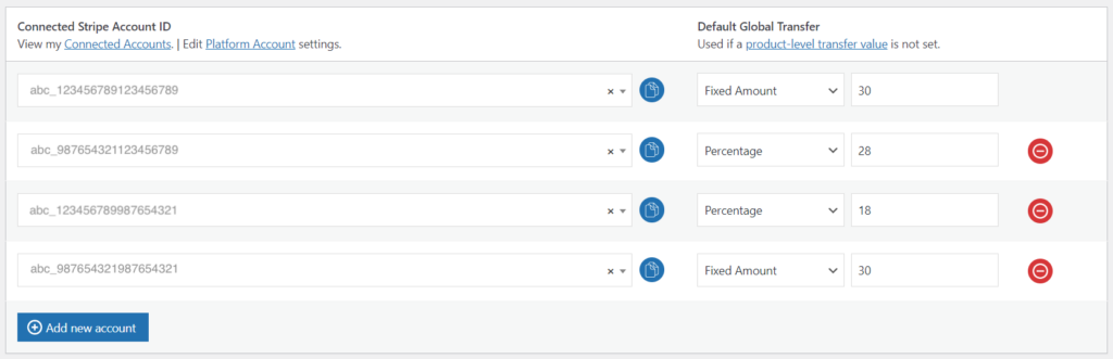 Split Pay Plugin showing multiple Stripe connected accounts configuration in WooCommerce